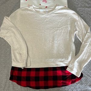Gap girls sweater with buffalo check skirt on it